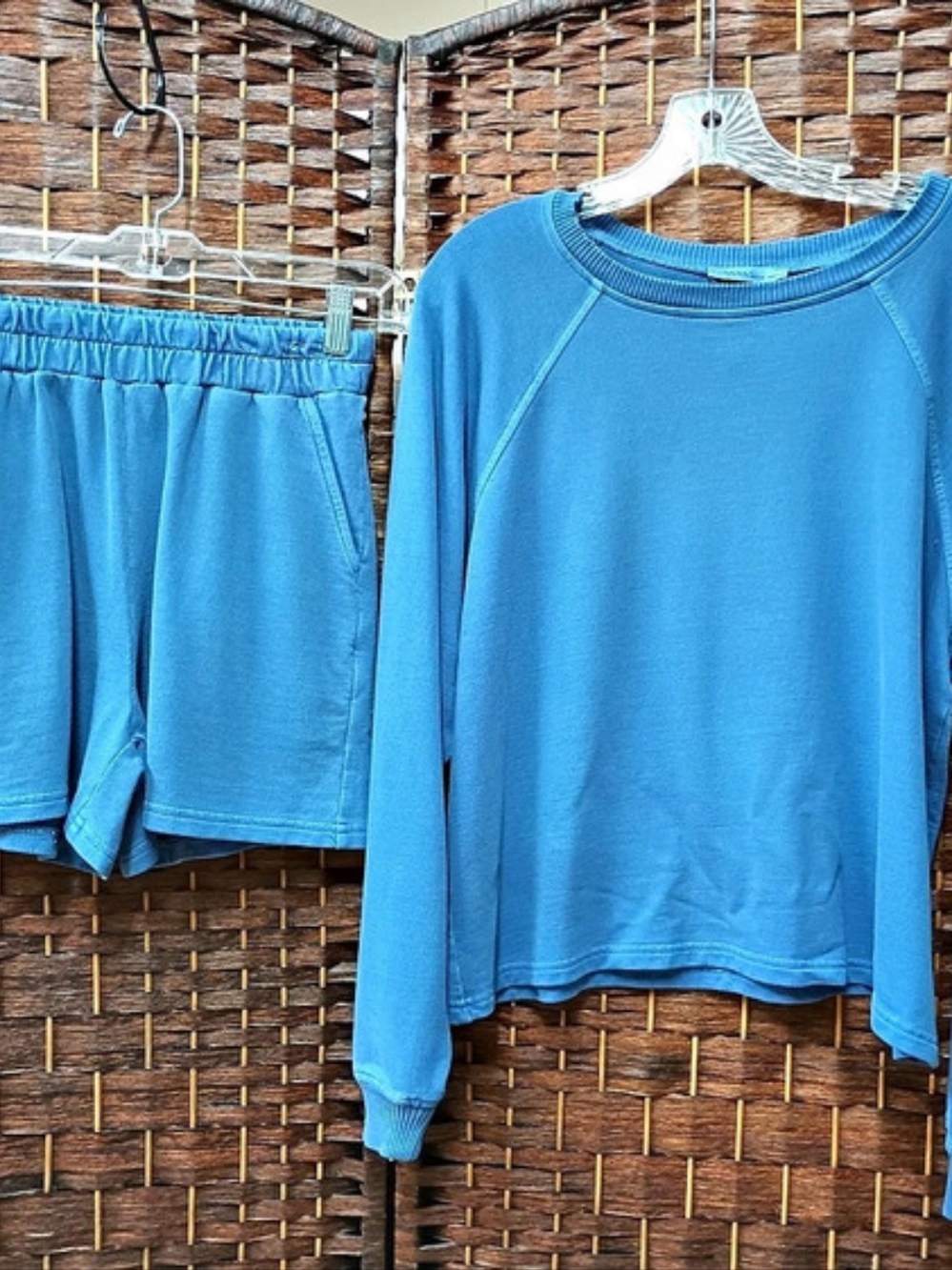 ZENANA Fleece Long Sleeve Sweatshirt & Shorts Set Blue